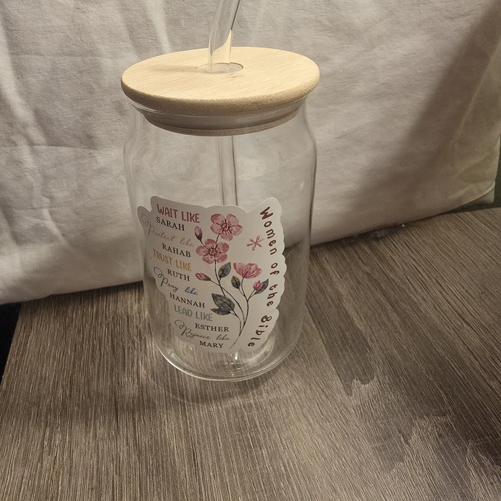 Floral 'Women of the Bible' Glass Tumbler with Straw - Pink Accents - Picture 2 of 10